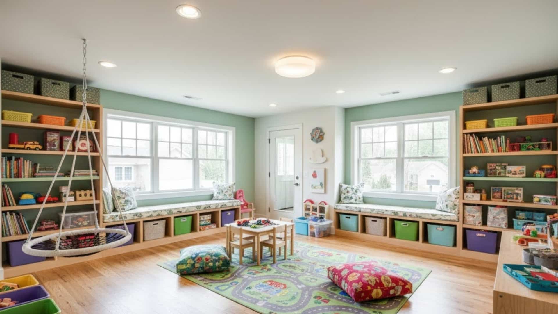 bright playroom addition with built-in shelves, toy storage, reading nooks, and activity space.