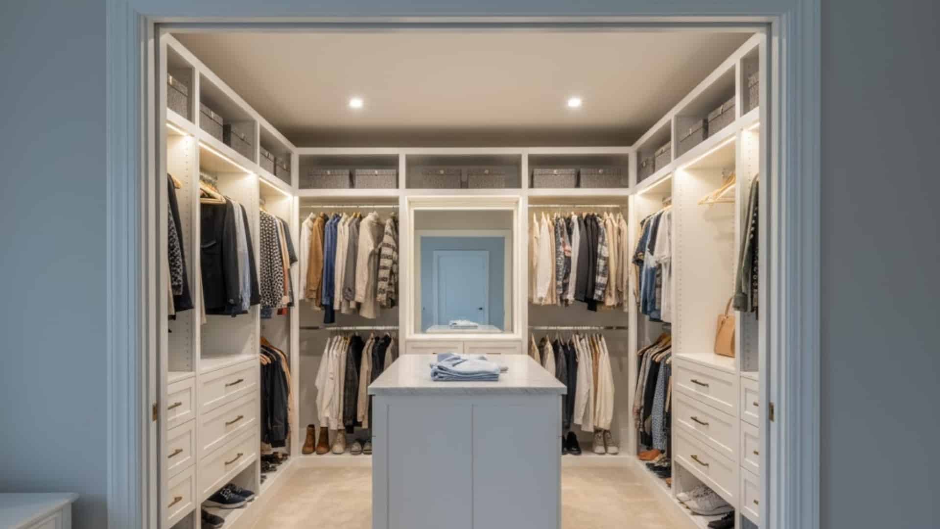 spacious walk-in closet with built-in storage, center island, and organized clothing displays.