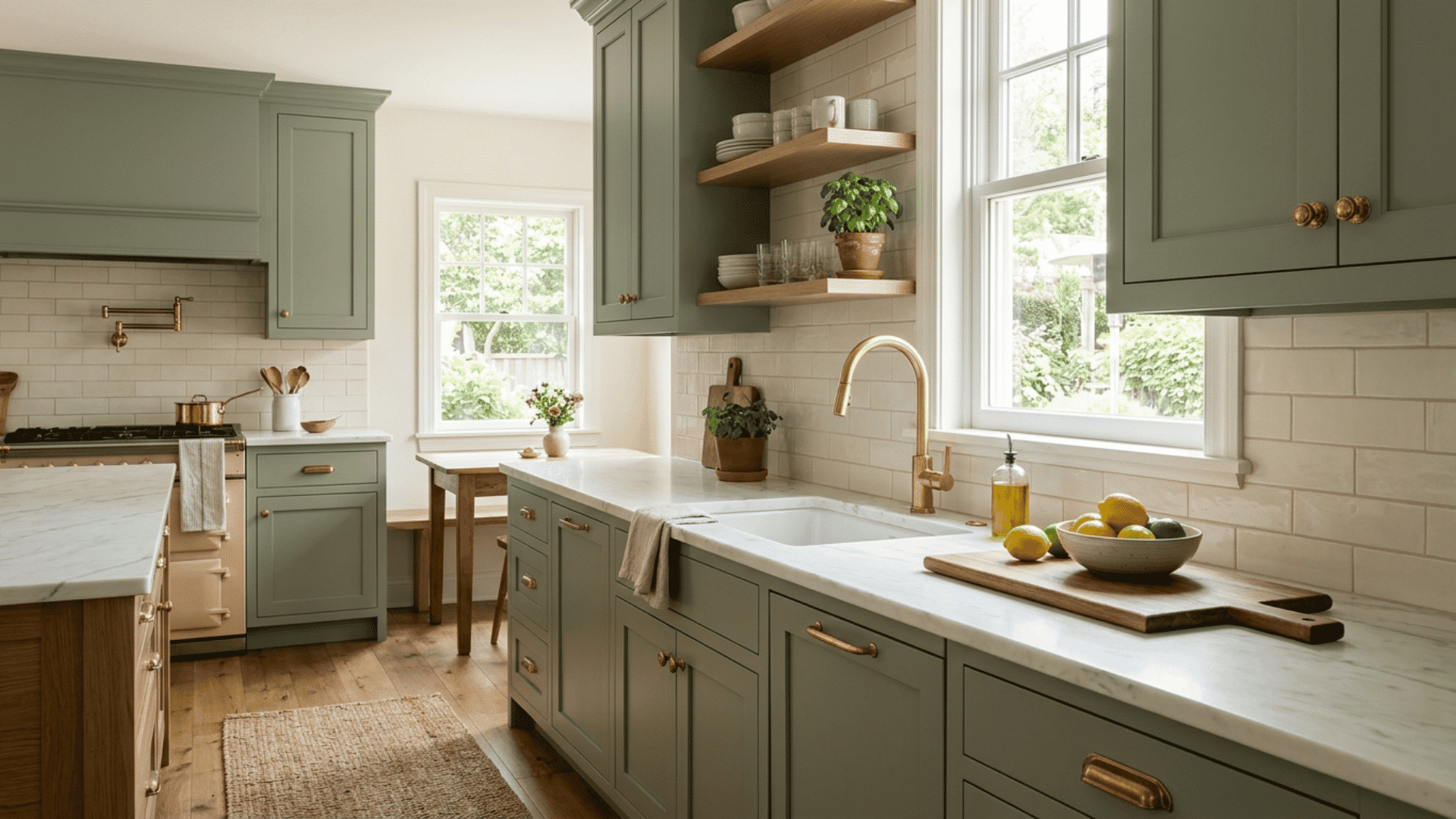 Sage green kitchen cabinets with brass pulls and faucet