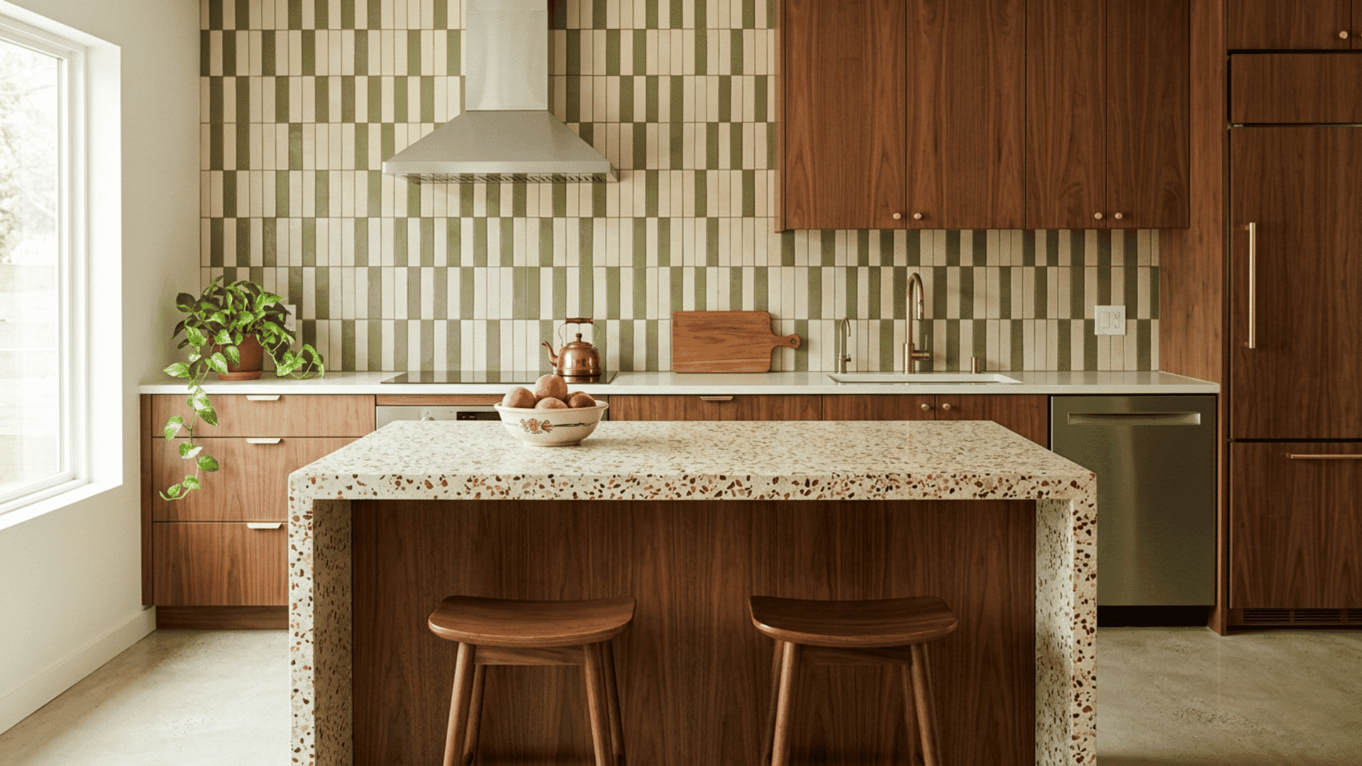 Mid-century kitchen with geometric tile and terrazzo counters
