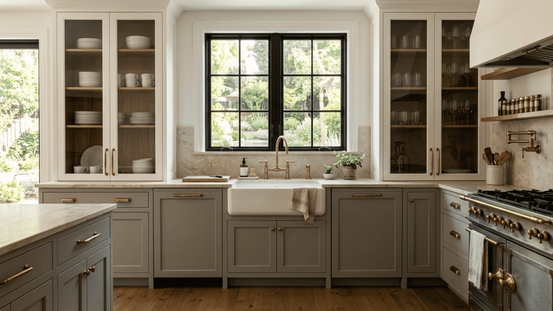 Gray lower cabinets with glass-front white uppers, brass hardware, and a farmhouse sink.