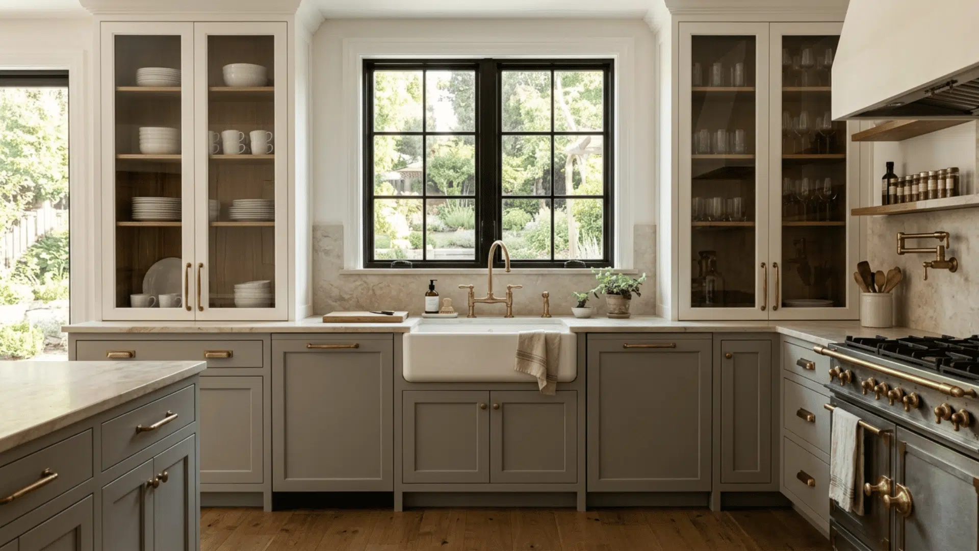 Gray lower cabinets with glass-front white uppers, brass hardware, and a farmhouse sink.