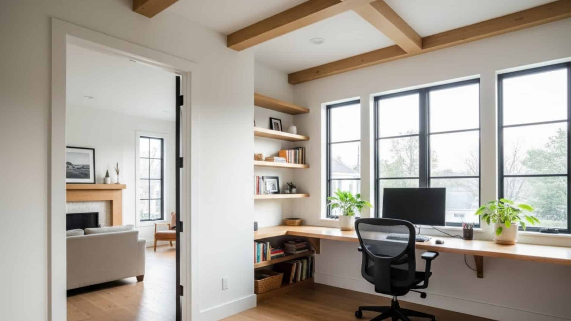 modern home office addition with built-in desk, shelving, and large windows for natural light.