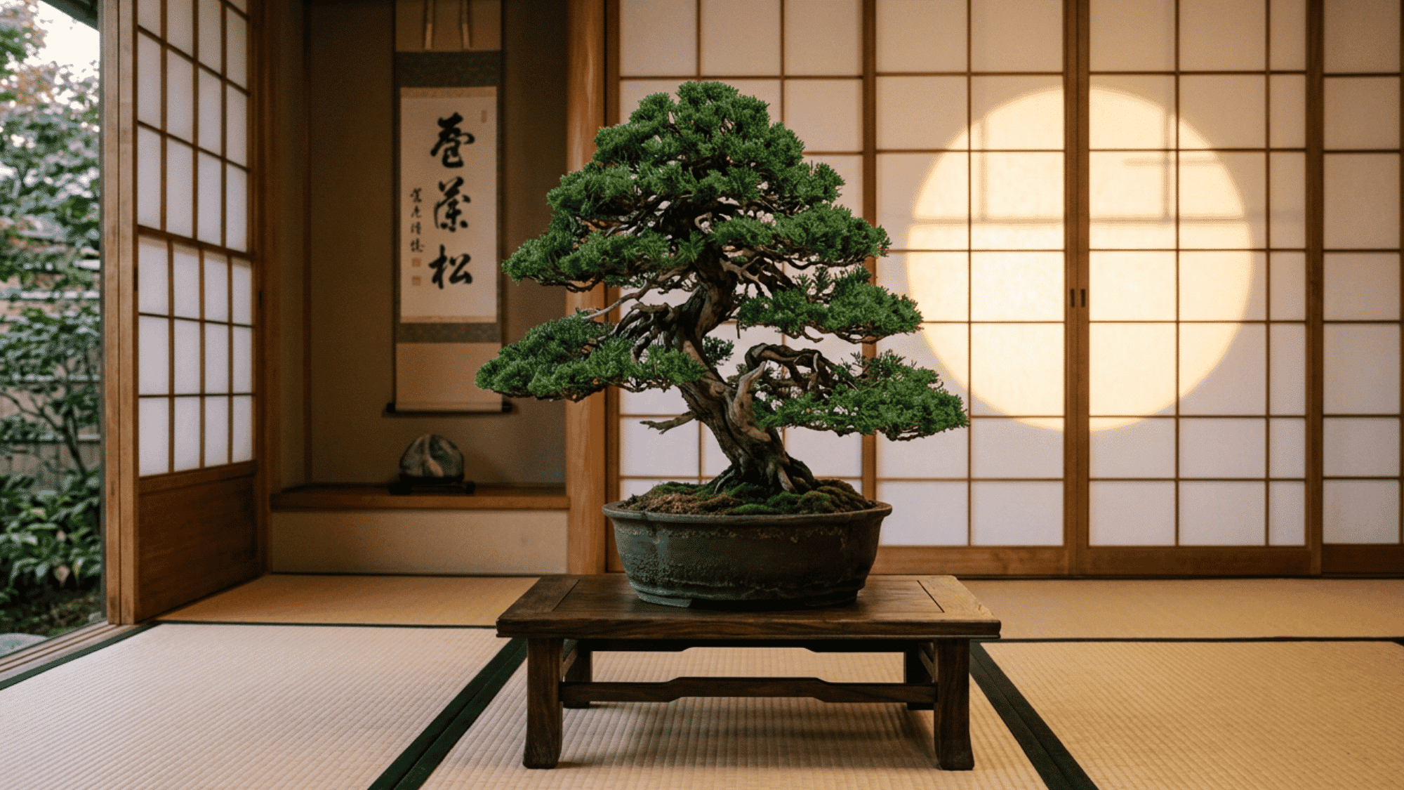 Japanese interior with bonsai tree, tatami floor, and shoji screens