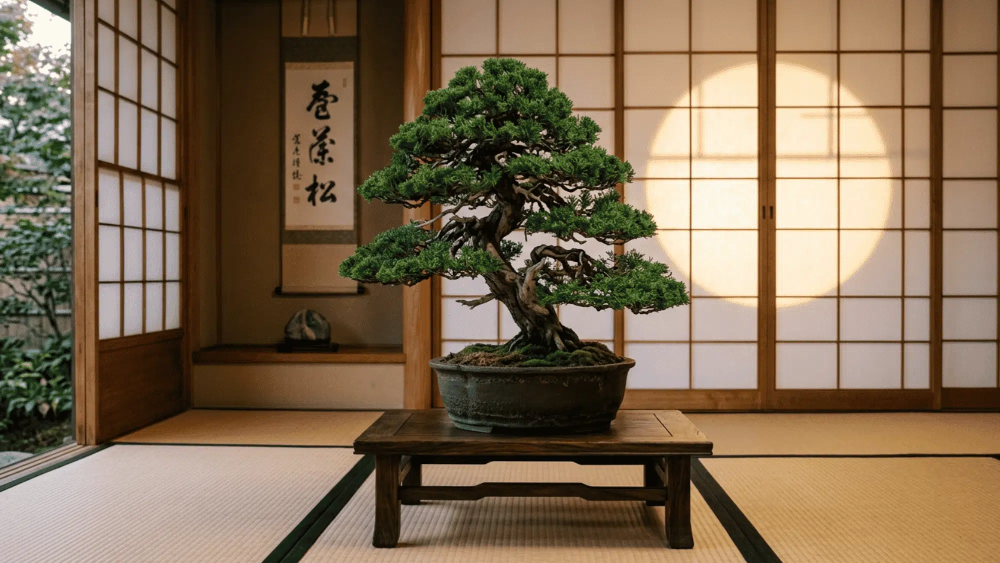 Japanese interior with bonsai tree, tatami floor, and shoji screens