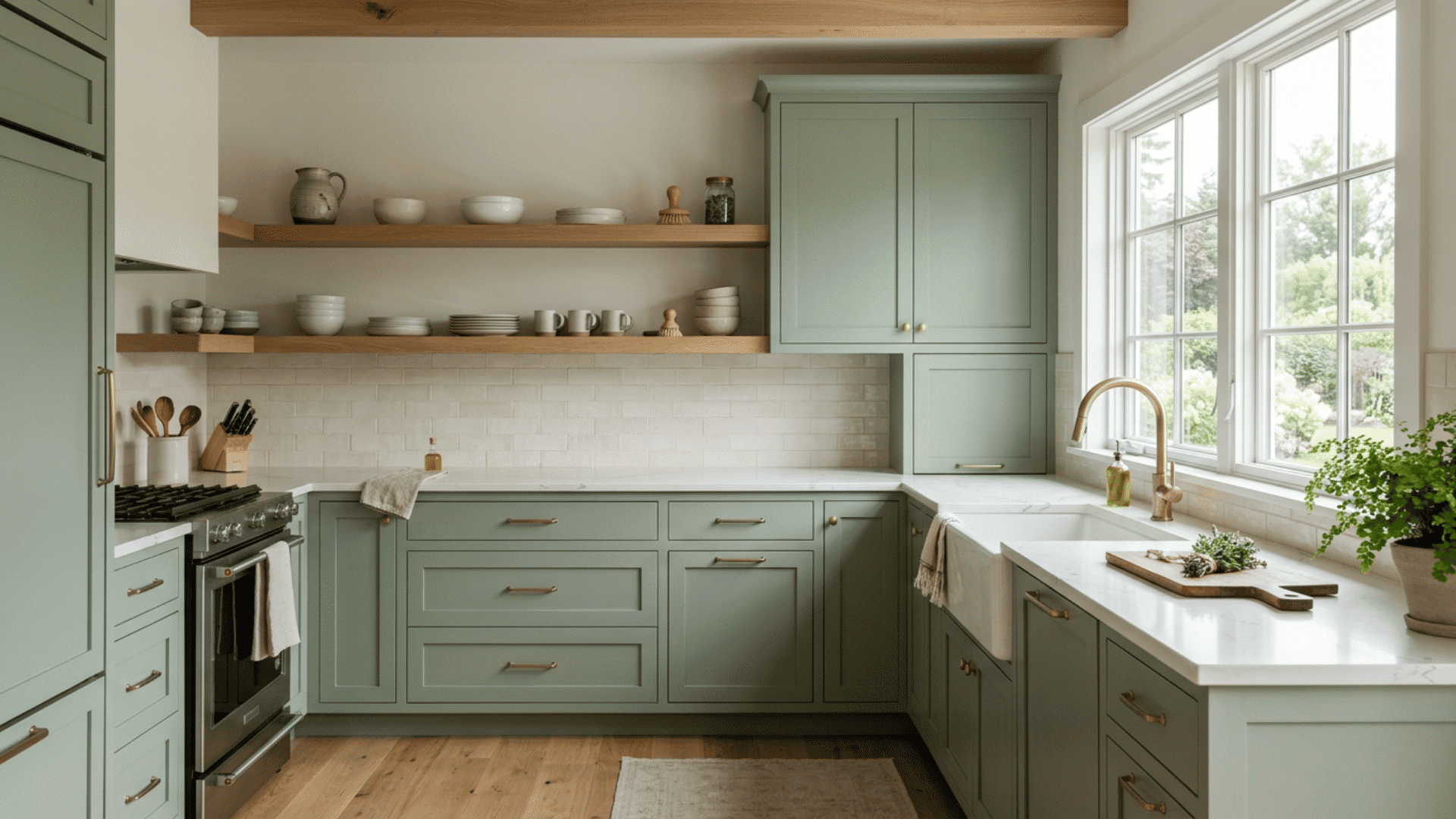 Sage green kitchen cabinets with open oak shelving