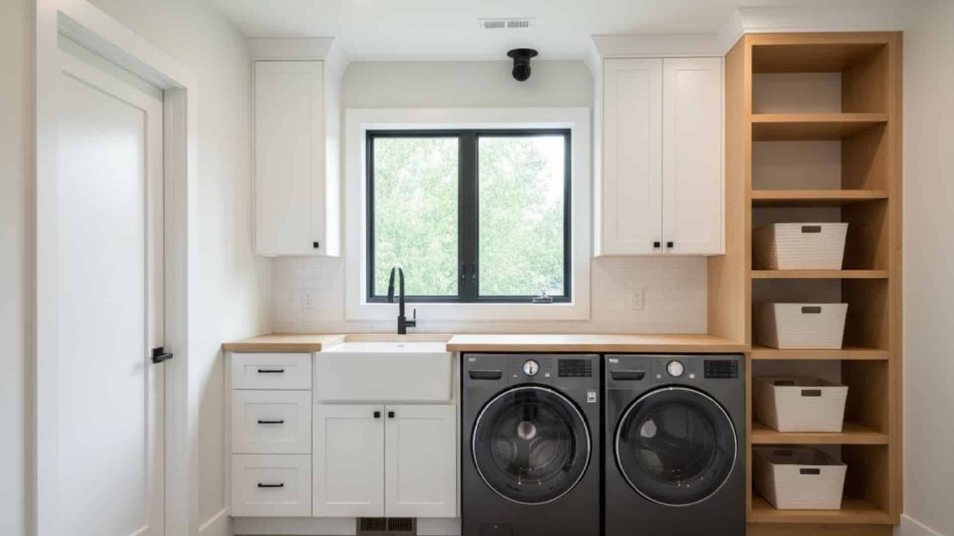 modern laundry room addition with built-in cabinets, washer, dryer, sink, and open shelving.