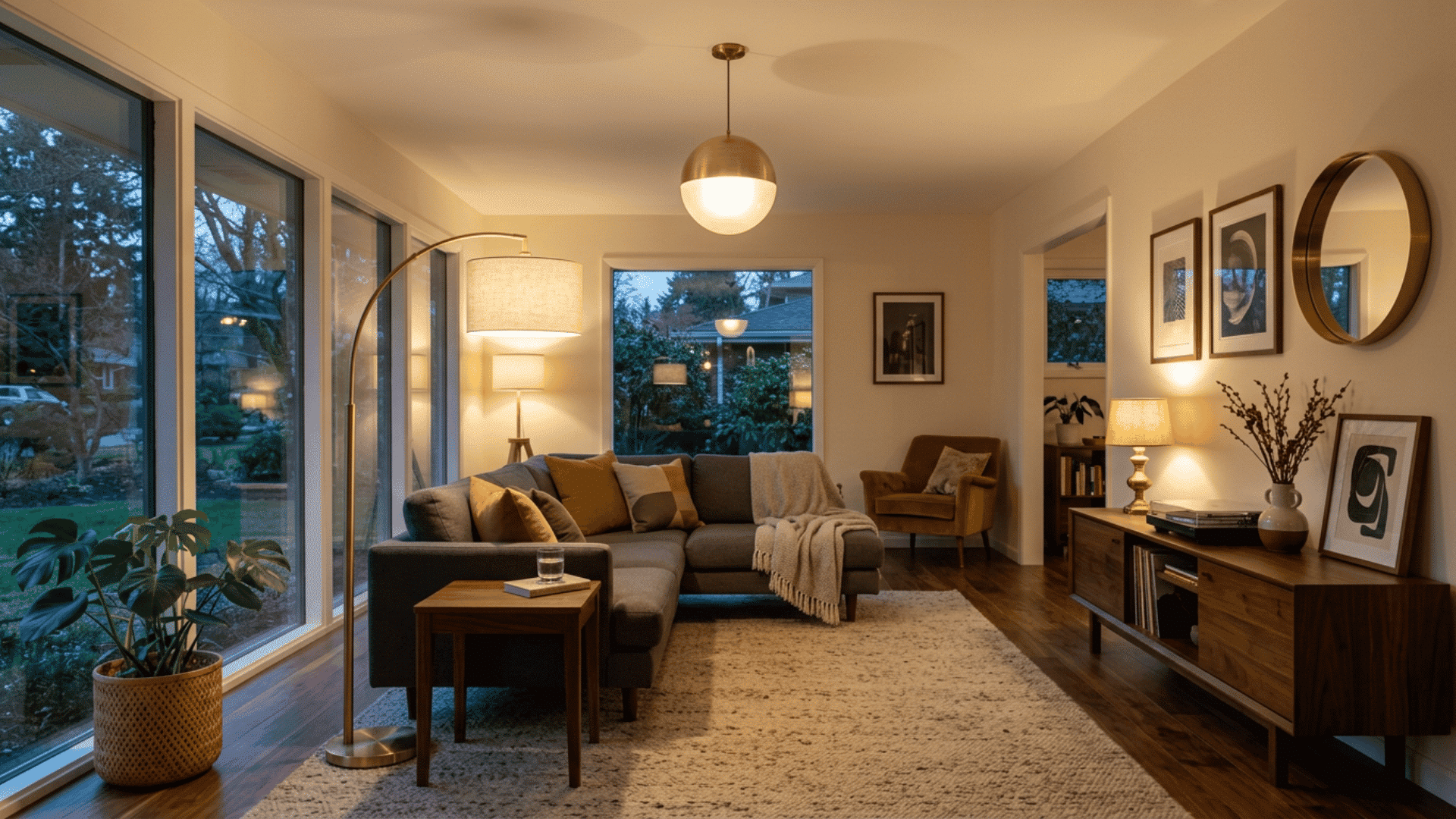 Mid-century living room with globe pendant and arched floor lamp