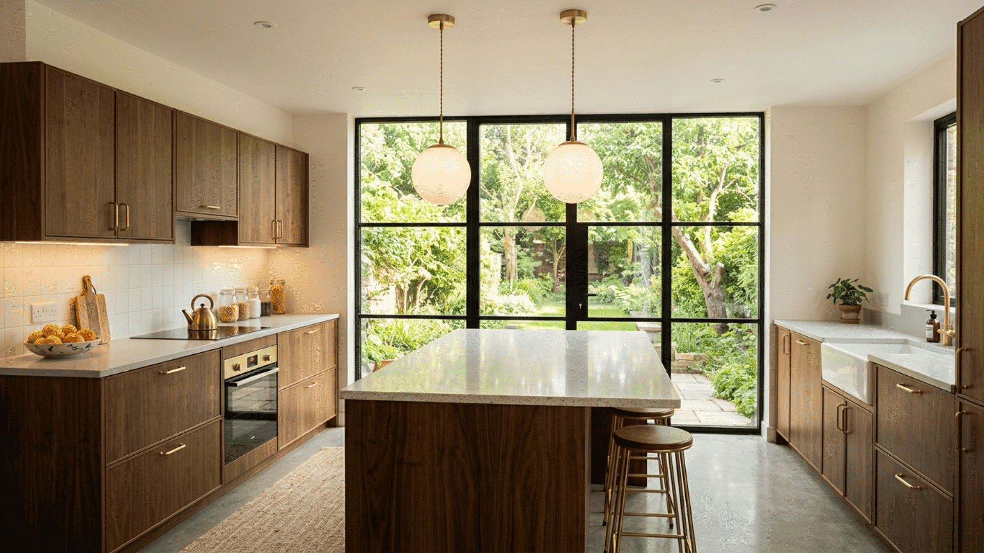 Mid-century kitchen with globe pendants and large windows