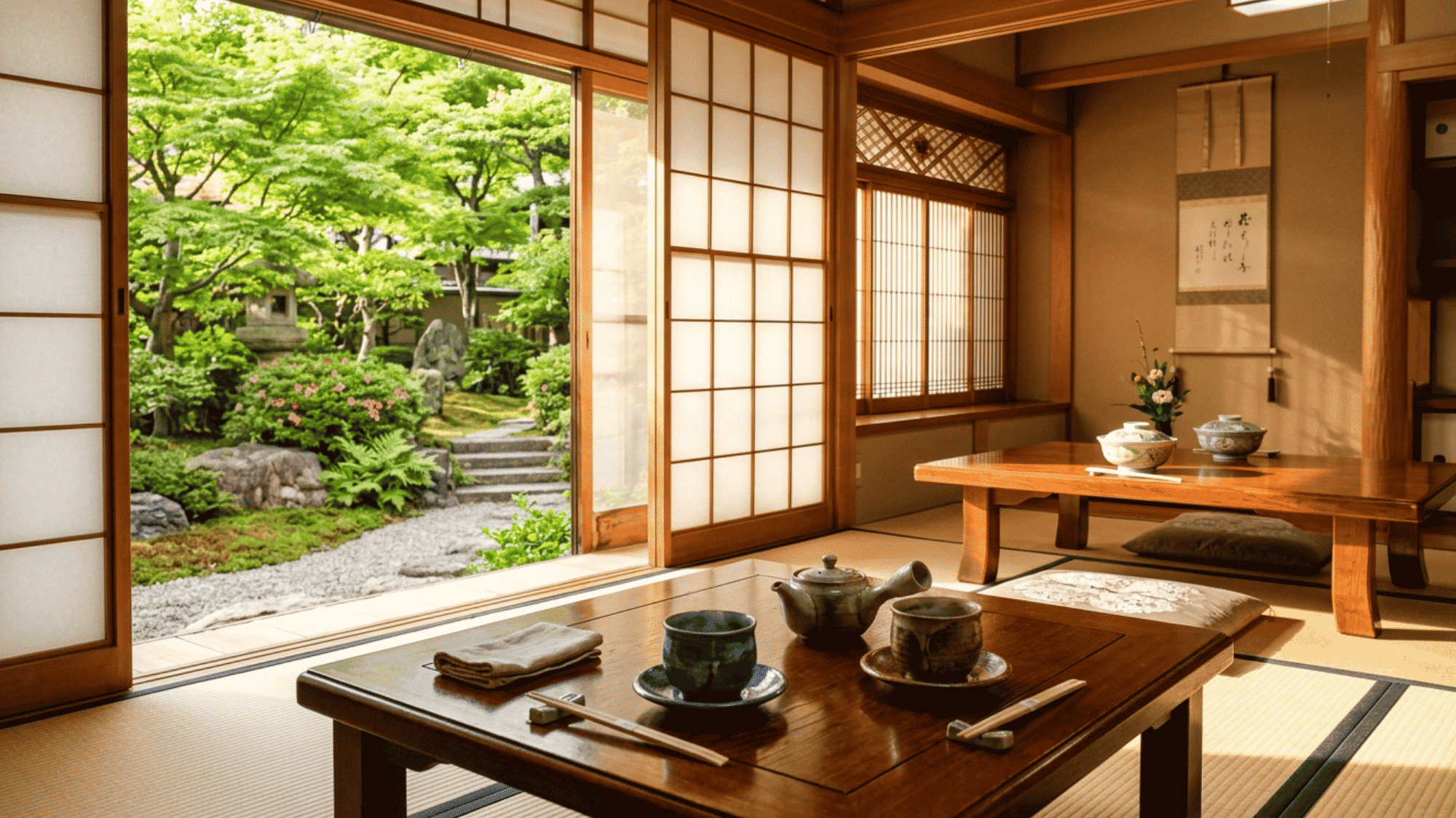 Traditional Japanese interior with tatami flooring and shoji doors