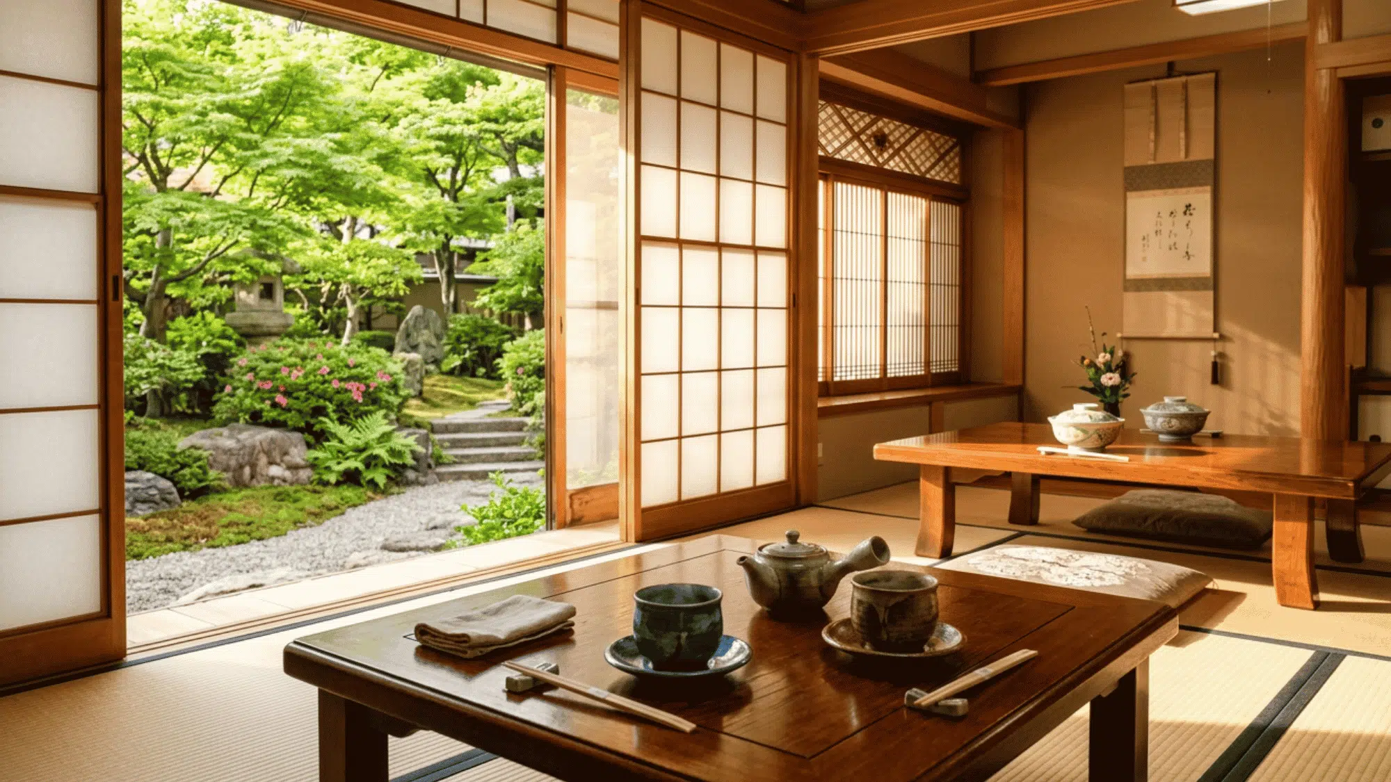 Traditional Japanese interior with tatami flooring and shoji doors