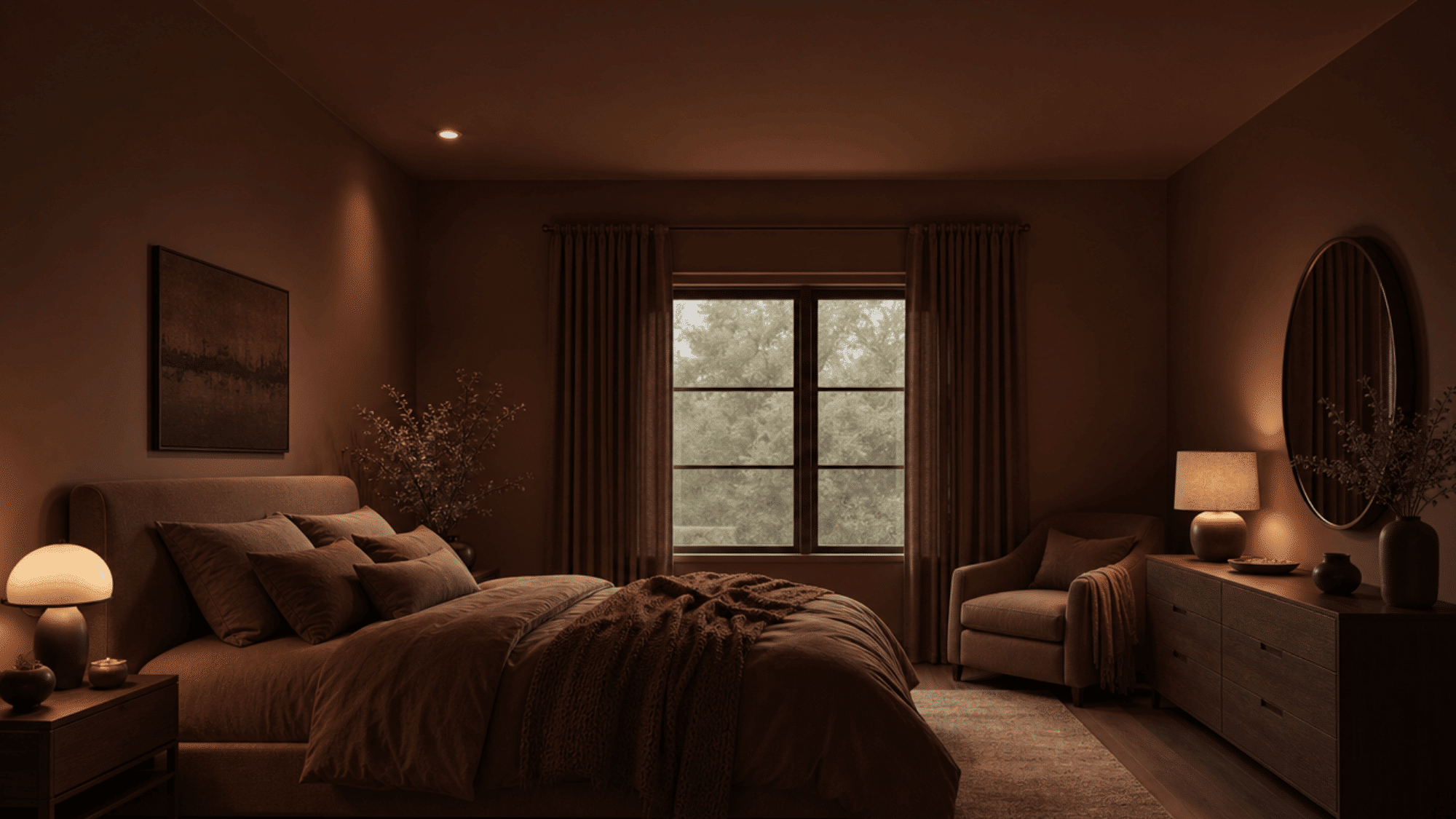 dark bedroom with matching ceiling and walls creating a cozy atmosphere.