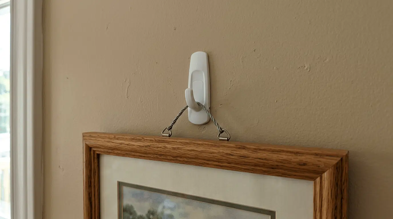 adhesive wall hook holding a picture frame's wire against a painted wall