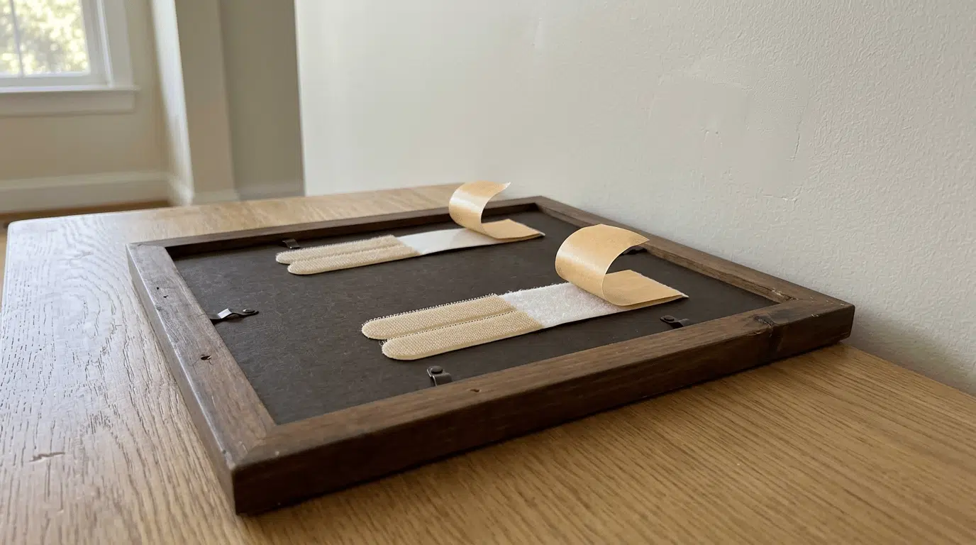 adhesive hanging strips attached to the back of a wooden picture frame near a painted wall
