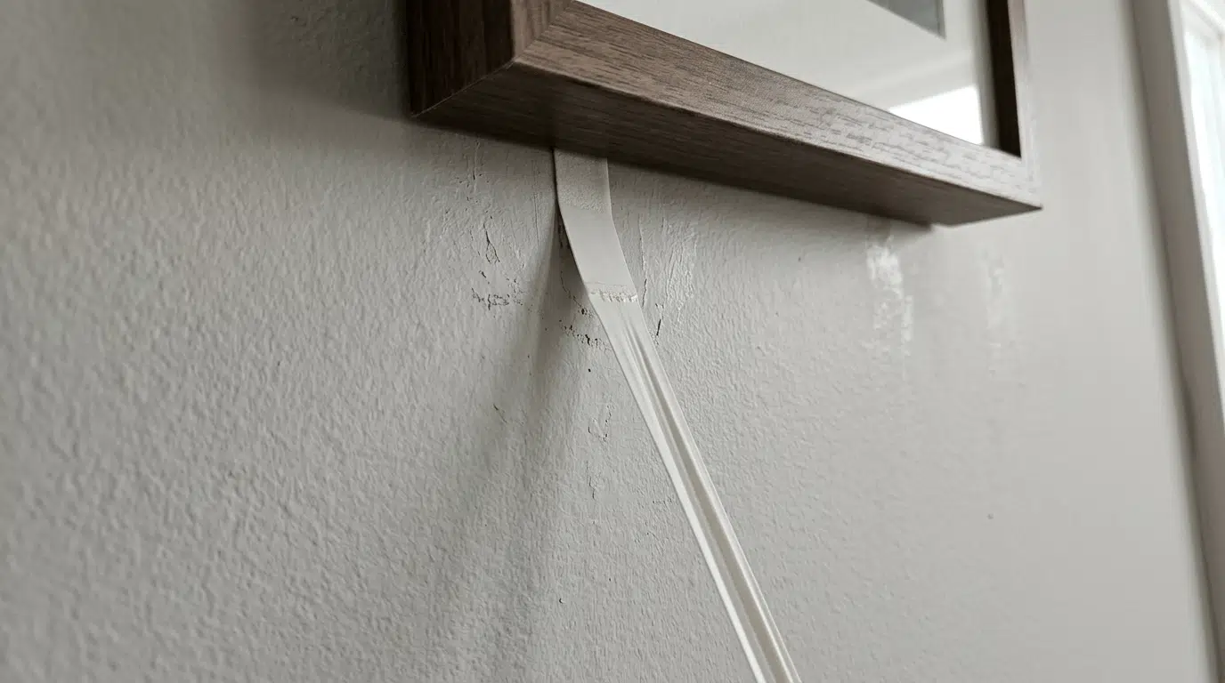 adhesive strip stretched at a low angle while peeling away from a painted wall