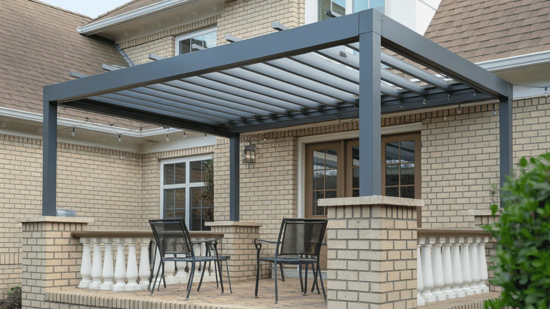 motorized louver pergola with adjustable roof slats provides flexible shade over a backyard patio.