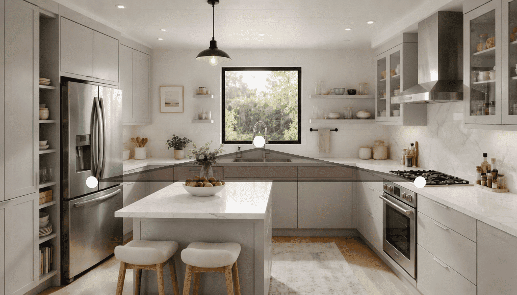 applying the work triangle,connecting kitchen stove, fridge and sink in a triangular manner