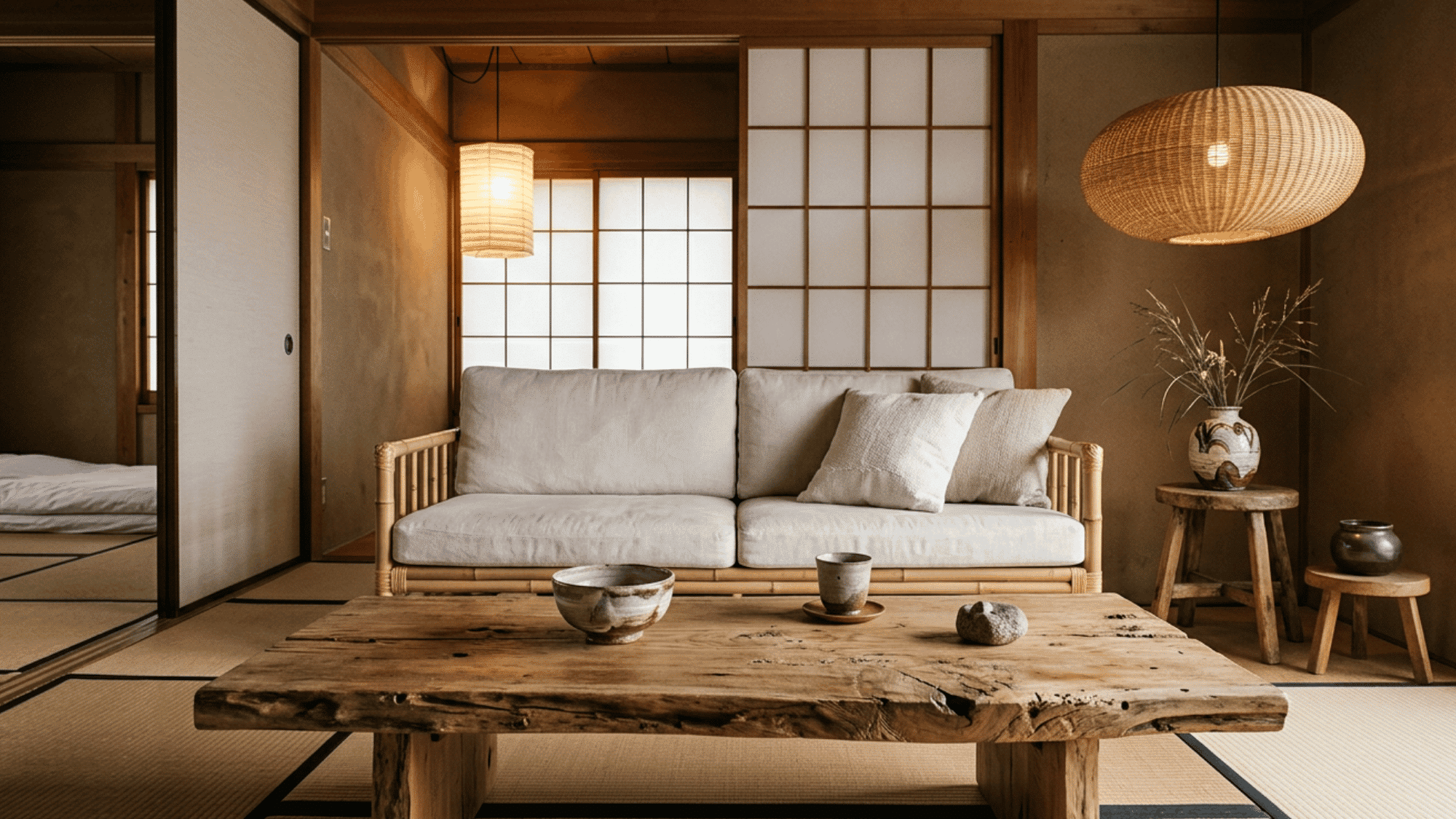 Japanese-style living room with tatami flooring and wooden furniture
