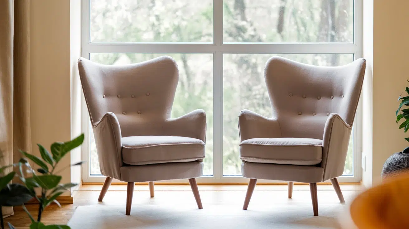 two upholstered armchairs placed beside a large window with indoor plants