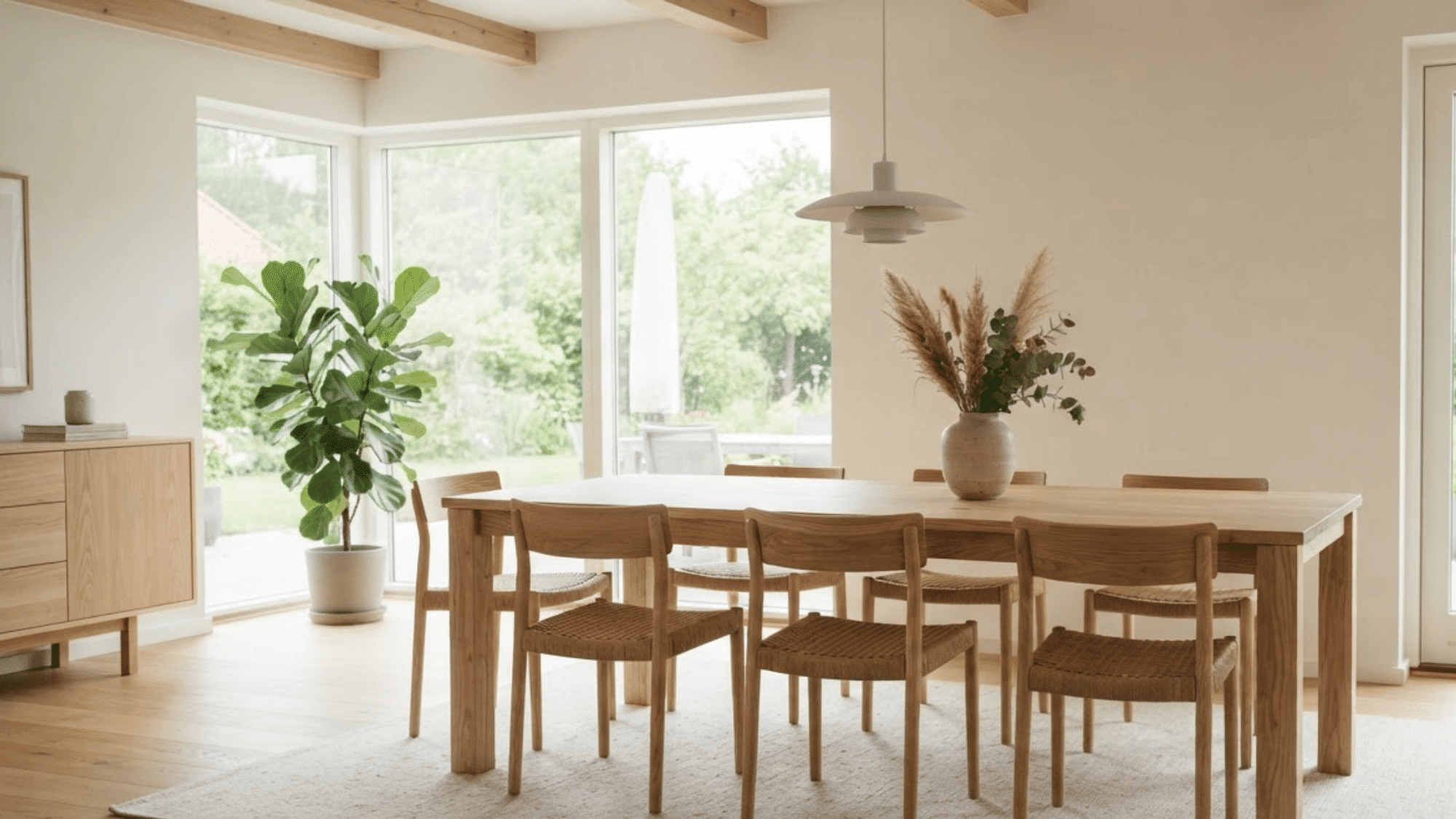 Pale ash dining table and chairs with open grain in a bright, simple dining area