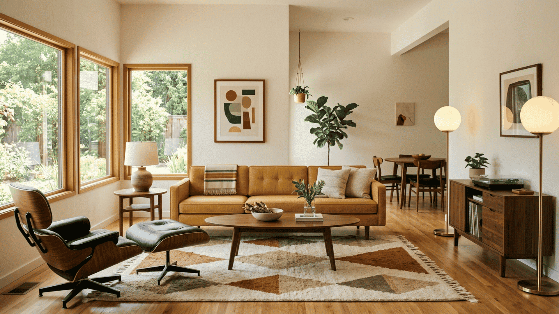 Straight sofa styled with curved chairs and an oval coffee table