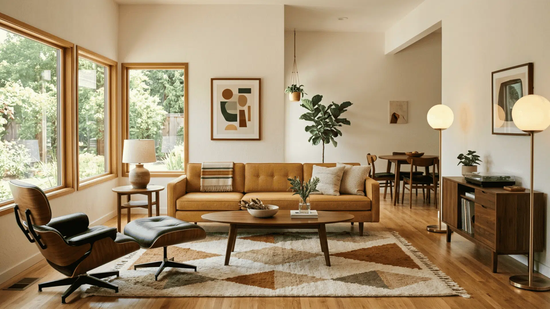 Straight sofa styled with curved chairs and an oval coffee table