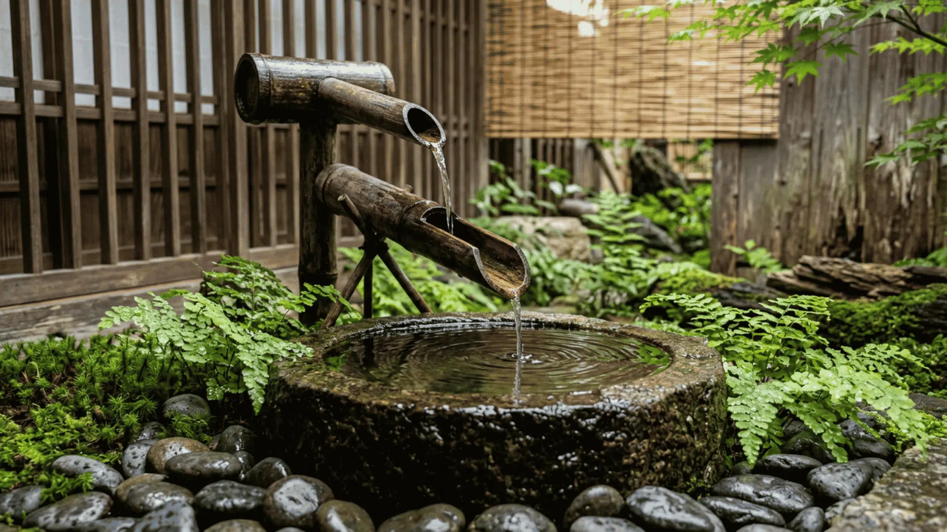 bamboo fountain pours water into a stone basin amid green ferns and dark pebbles
