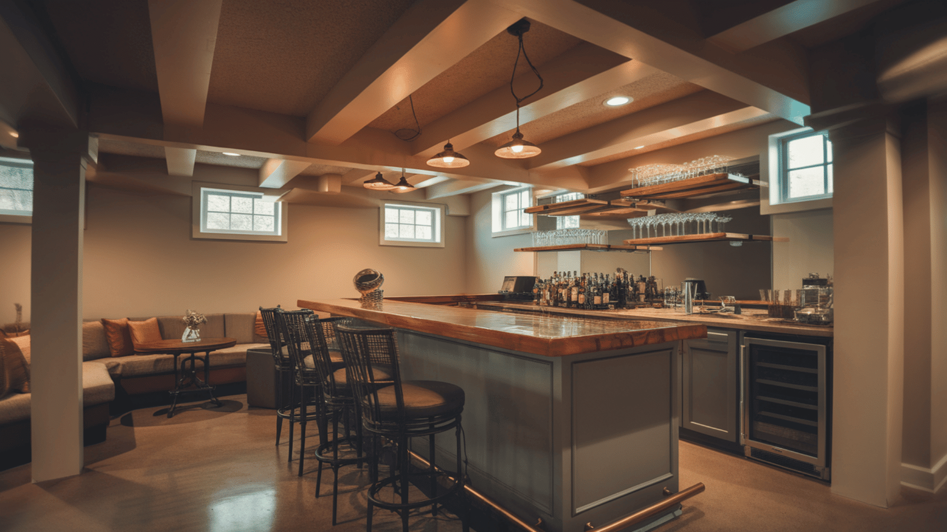 basement bar with dark cabinets, stools, exposed beams, and warm lighting