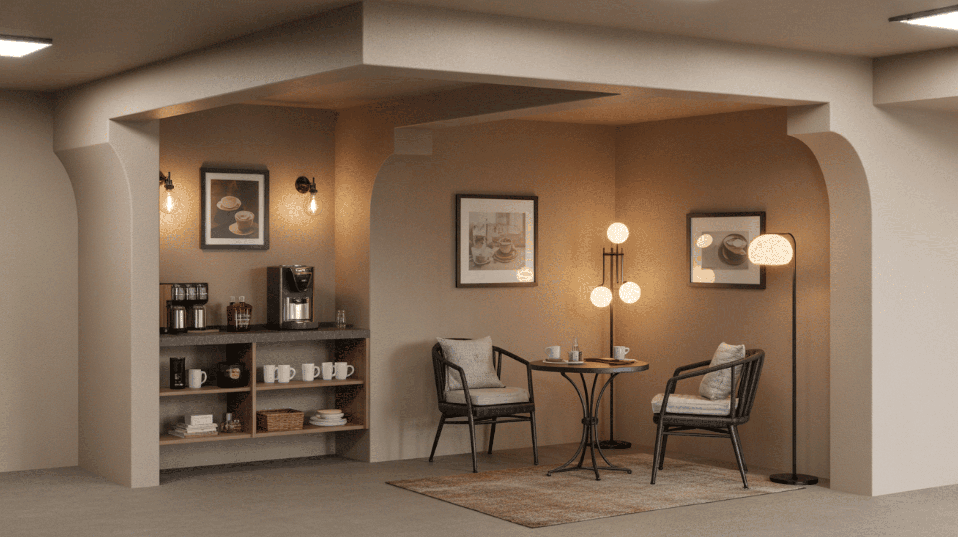 compact basement coffee corner with two chairs, a small table, and built-in shelves