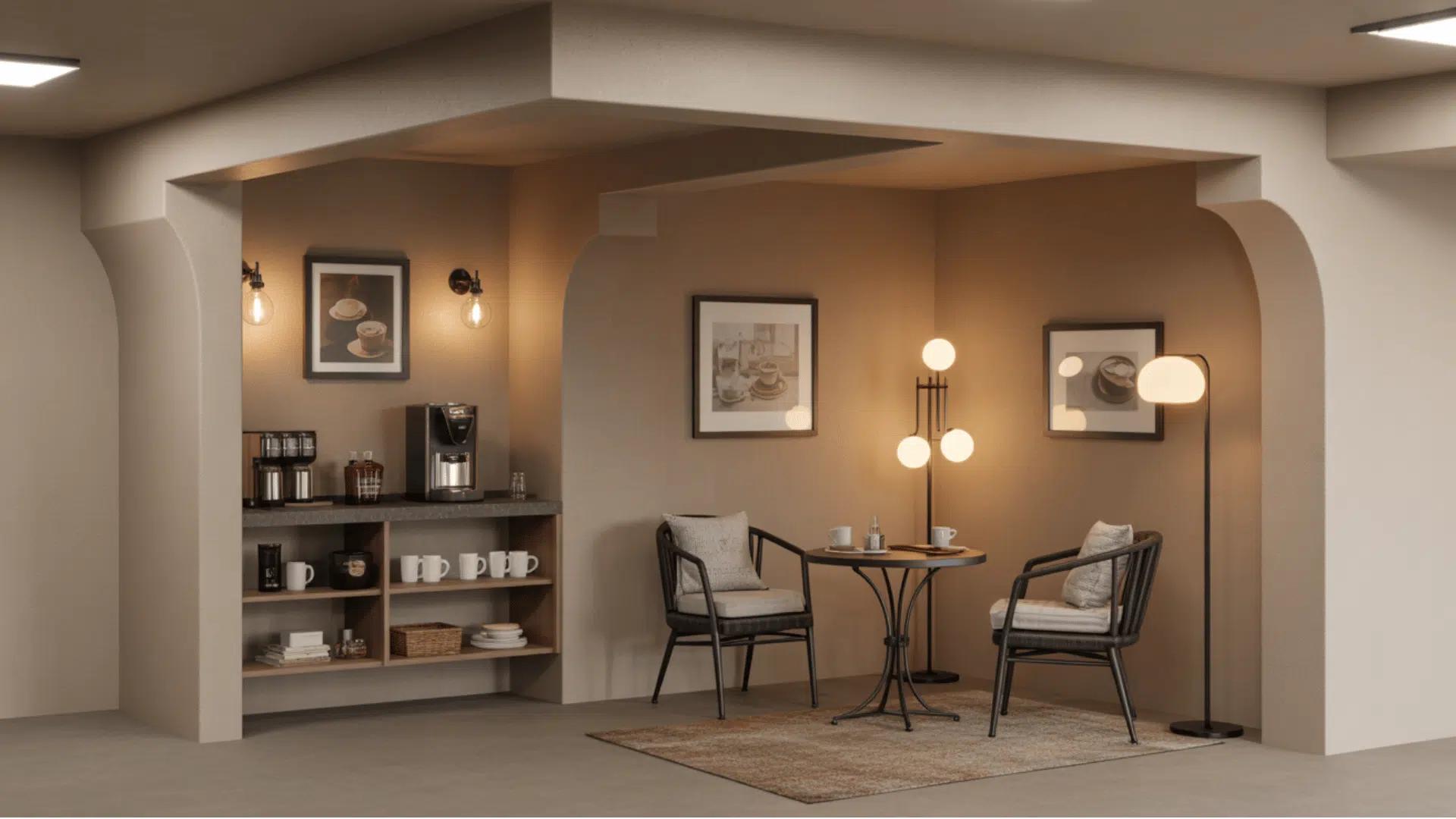 compact basement coffee corner with two chairs, a small table, and built-in shelves