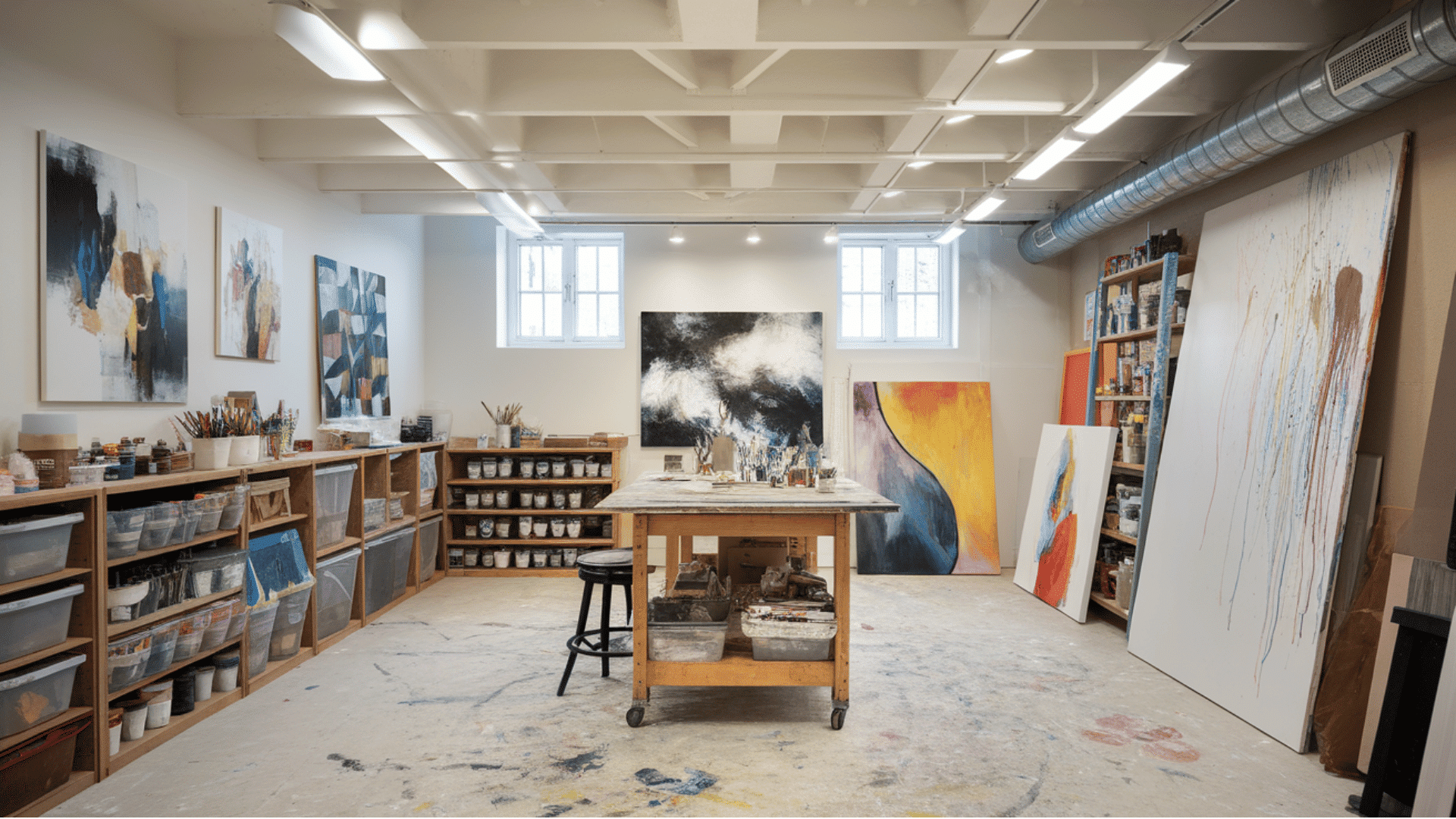 bright basement craft room with storage shelves, worktables, and colourful artwork