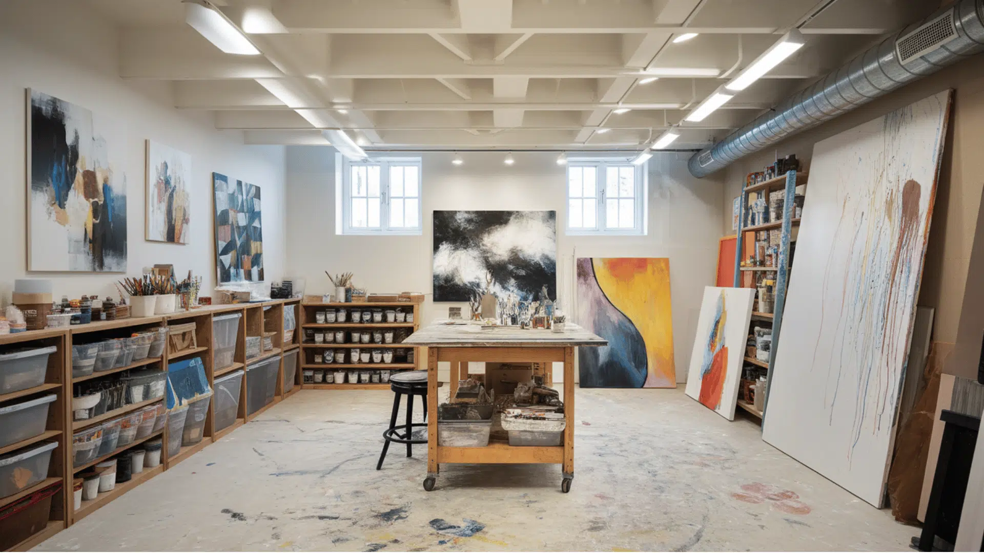 bright basement craft room with storage shelves, worktables, and colourful artwork