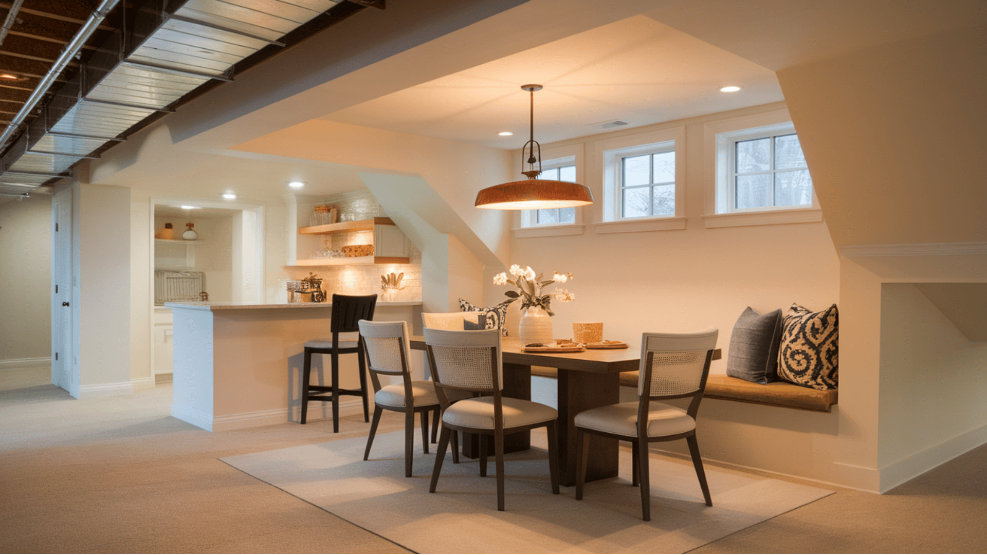 open basement dining nook with a table, chairs, pendant light, and nearby kitchenette