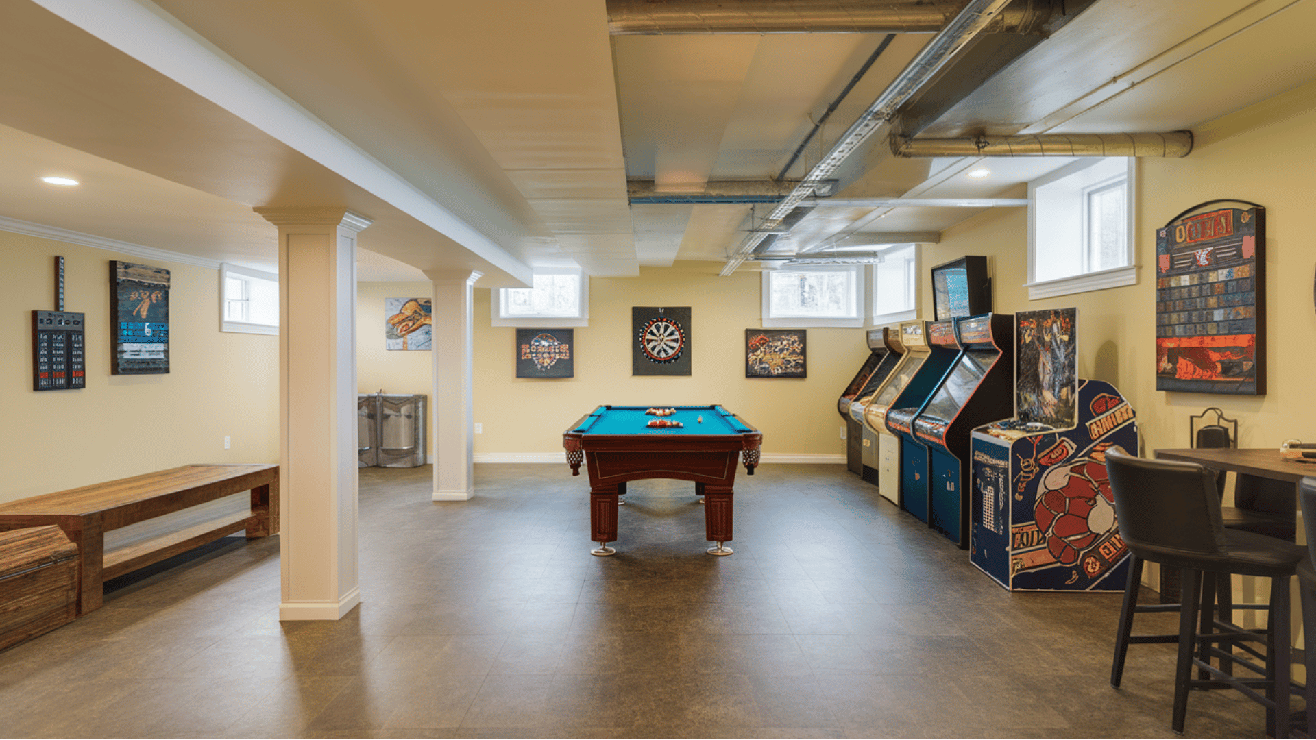 spacious basement game room with a pool table, arcade machines, and wall art