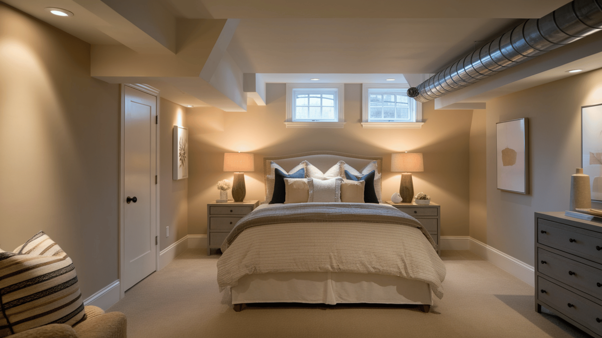 cosy basement guest bedroom with a large bed, warm lighting, and small windows