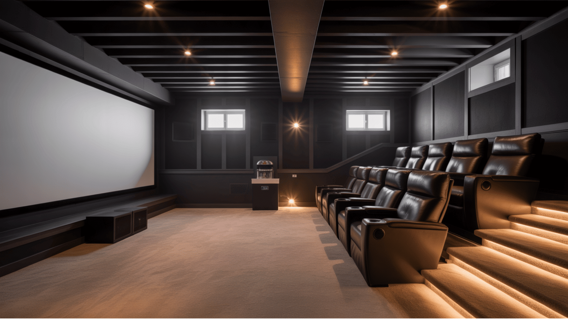 dark basement home theatre with a large screen, tiered seating, and recessed lights
