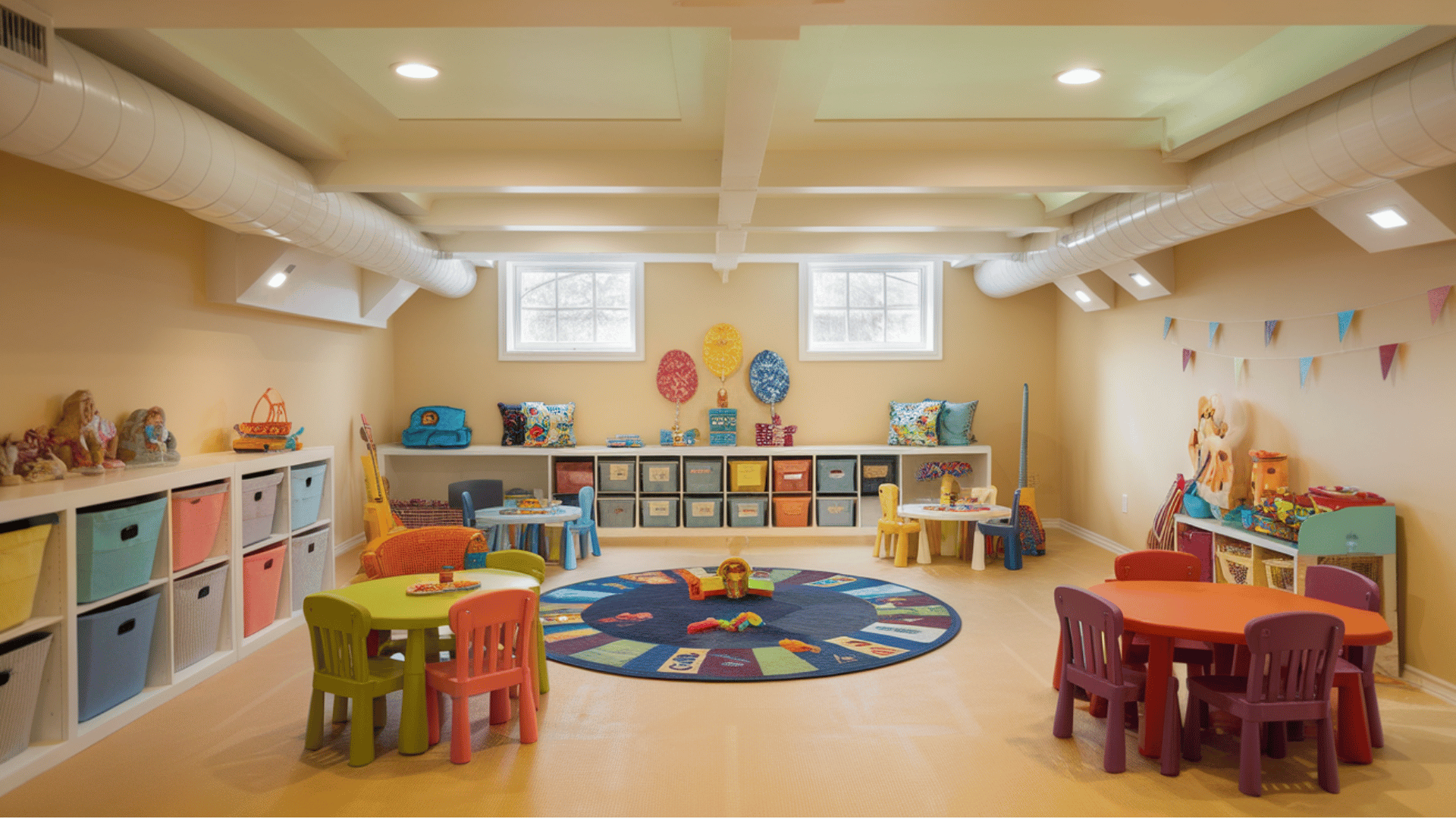 colourful basement playroom with small tables, toy storage, and wall decorations