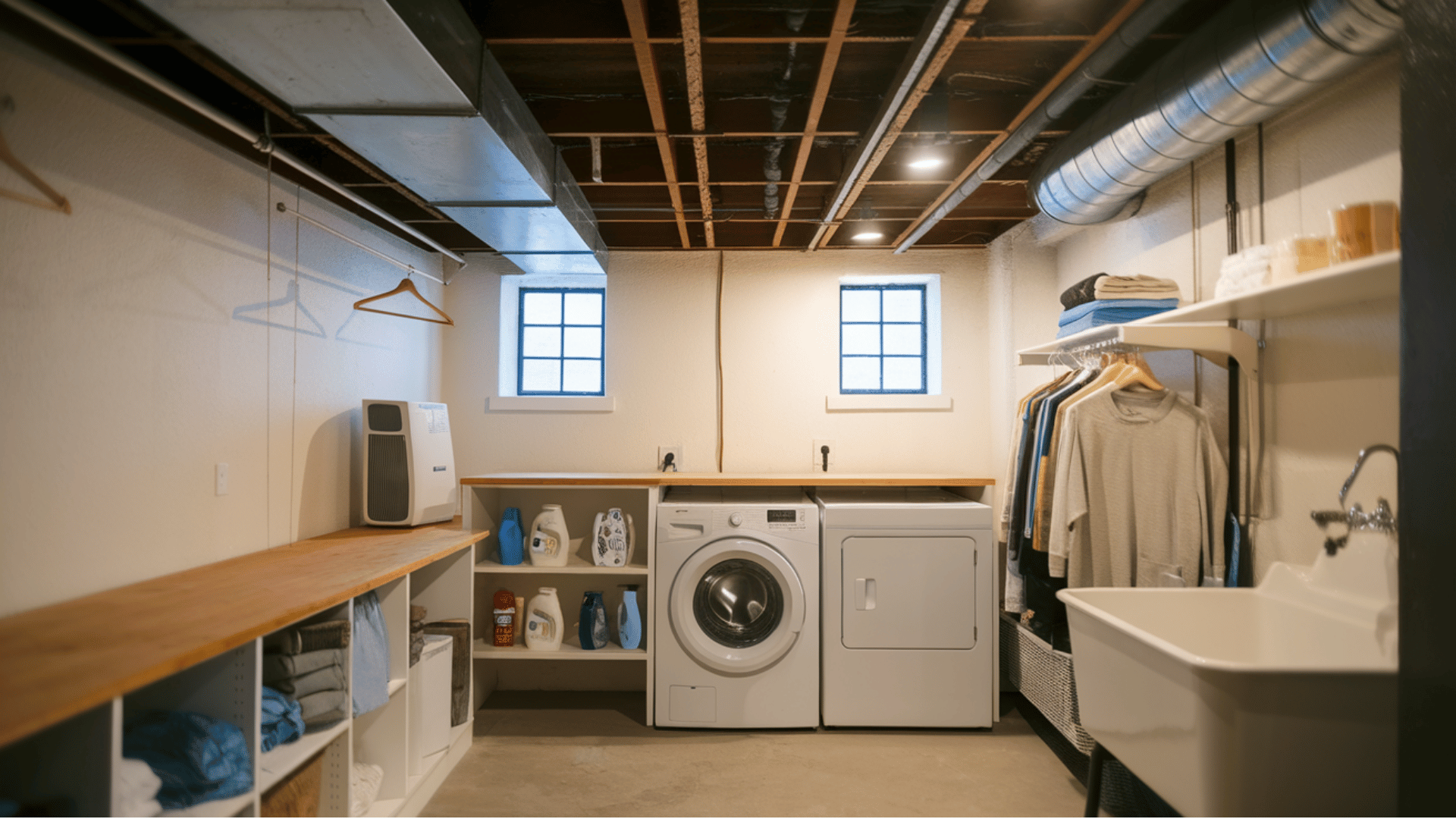 basement laundry area with a washer, dryer, storage cabinets, and hanging space