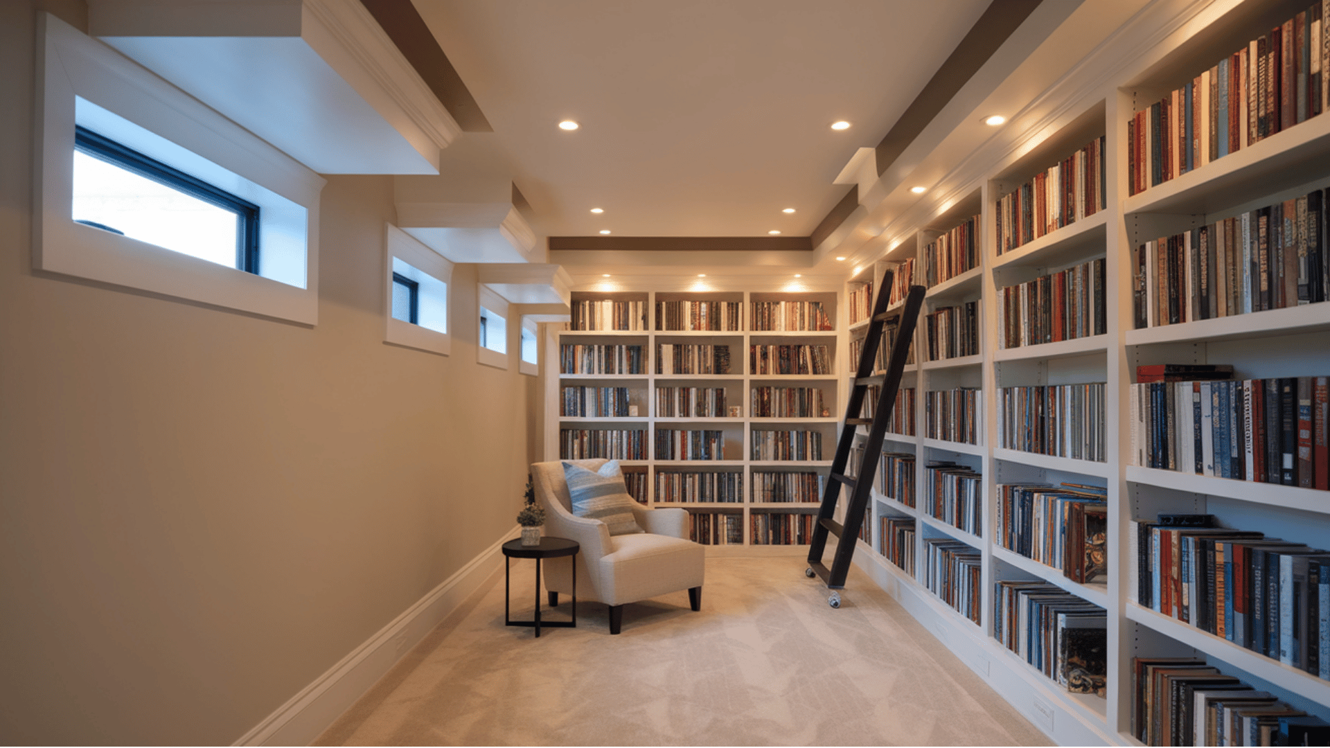 basement library with floor-to-ceiling bookshelves, a ladder, and a reading chair