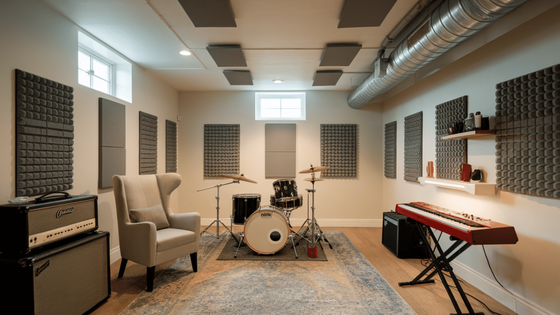 basement music room with a drum kit, keyboard, speakers, and acoustic wall panels