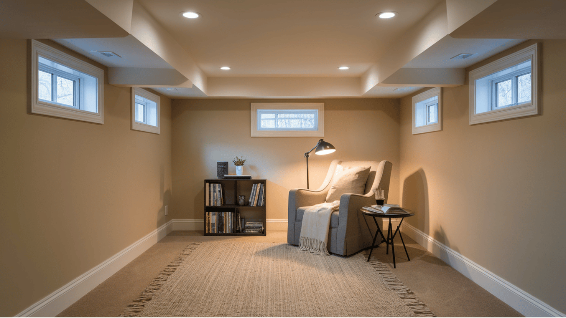quiet basement reading nook with an armchair, floor lamp, rug, and small table