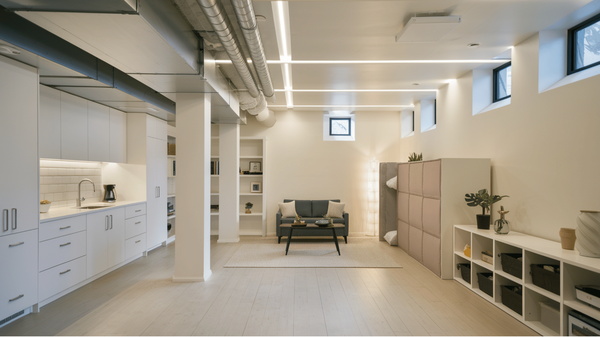 open basement studio with a kitchenette, sleeping area, shelving, and compact seating