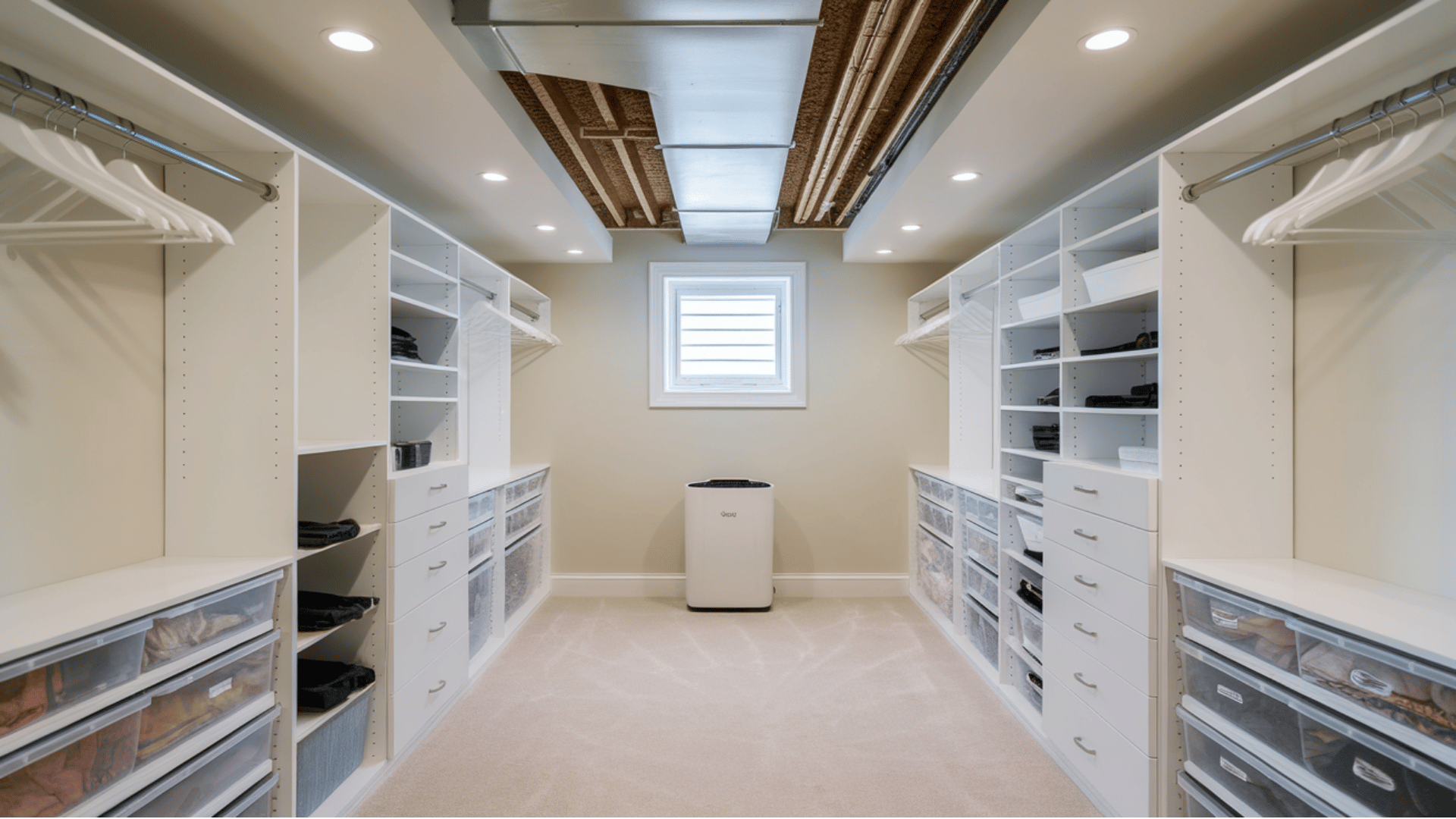 bright basement walk-in closet with white shelves, drawers, and hanging rails