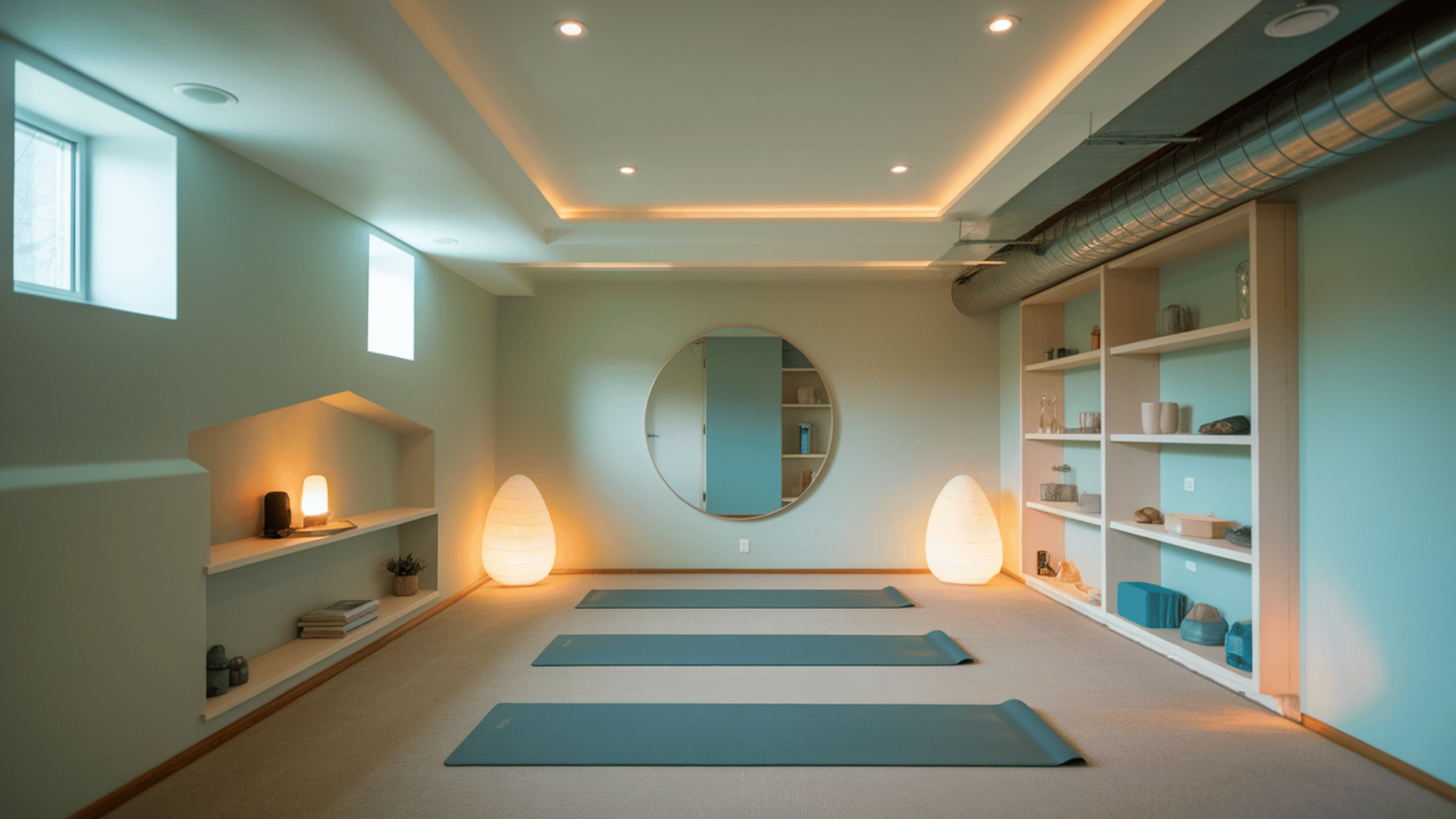 calm basement yoga room with mats, warm accent lights, shelves, and a round mirror