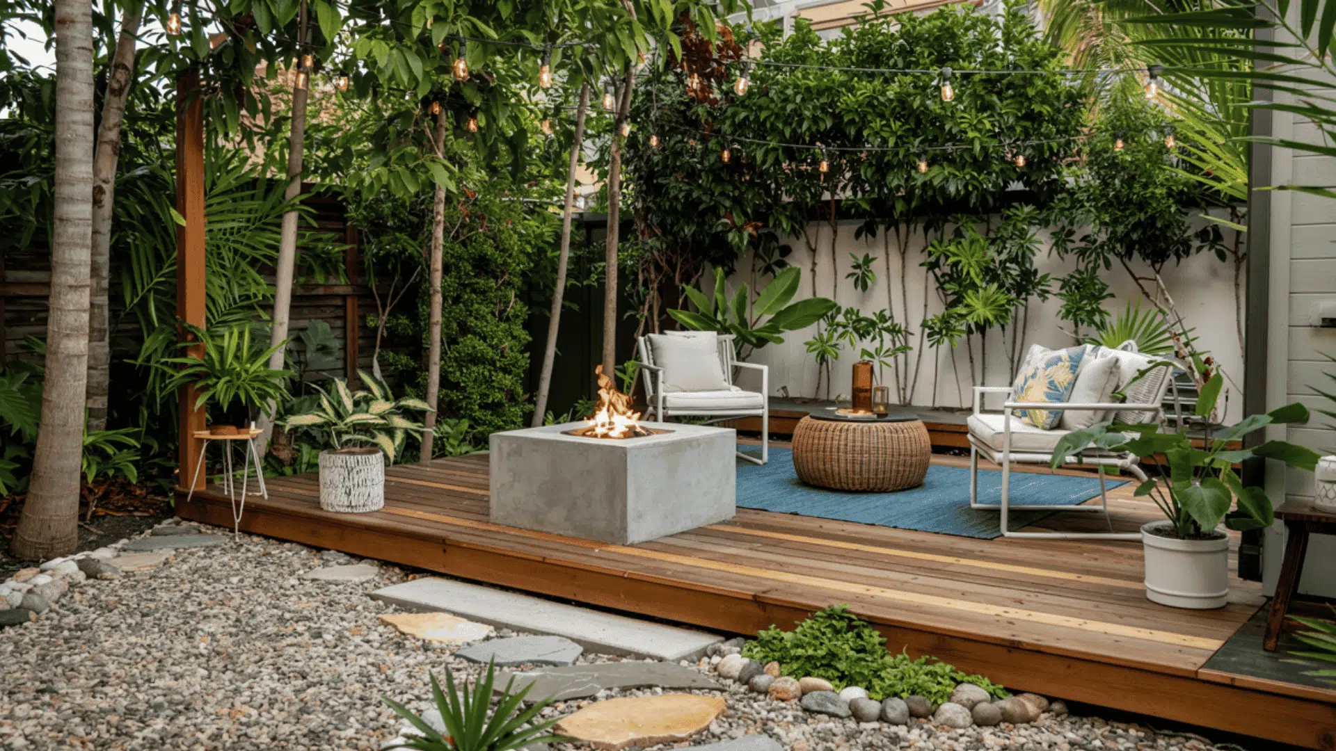 rectangular wooden deck with outdoor seating, fire pit, and lush garden landscaping.