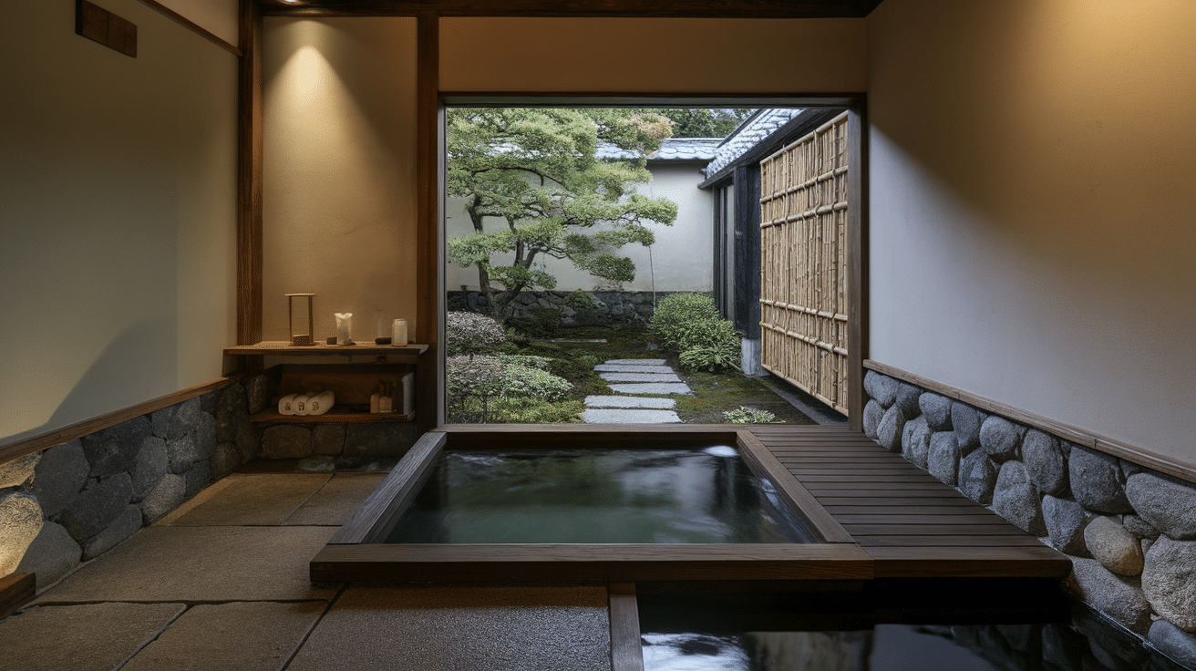Japanese-style bathroom with a deep soaking tub overlooking a peaceful garden through an open window.