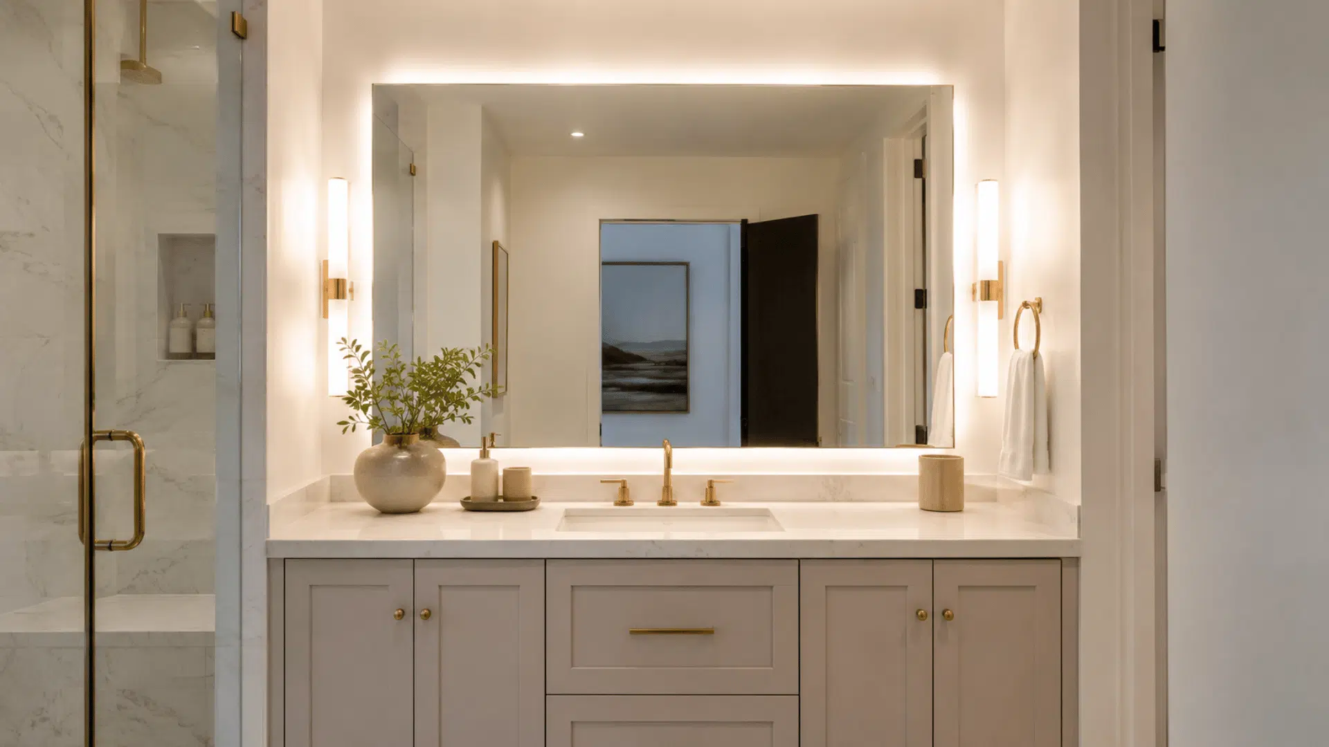 Bathroom vanity lit with bright white 3500K lighting