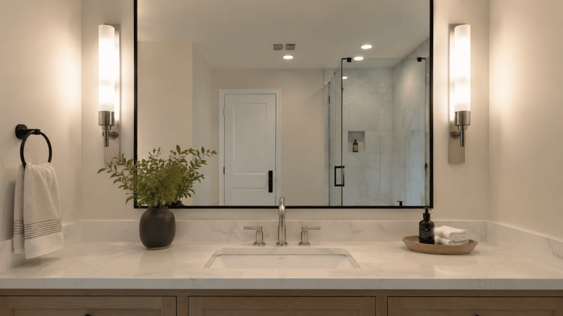 Bathroom vanity lit with neutral 3500K lighting