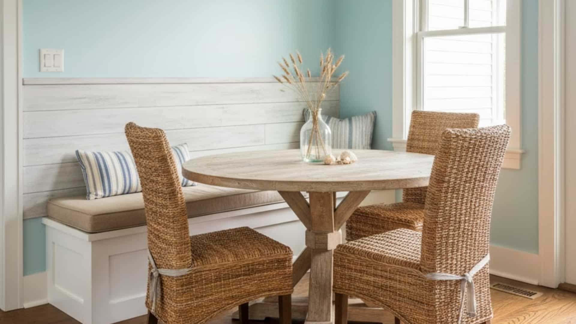 coastal dining nook with whitewashed chair rail, wicker chairs, and pale blue walls