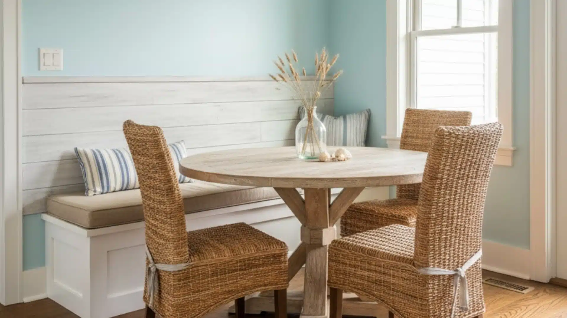 coastal dining nook with whitewashed chair rail, wicker chairs, and pale blue walls